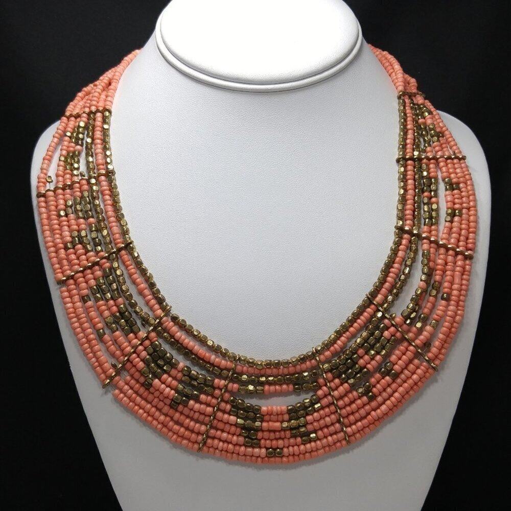 Boho Seed Bead Necklace, Peach & Bronze, Multi Strand, 23 Inches